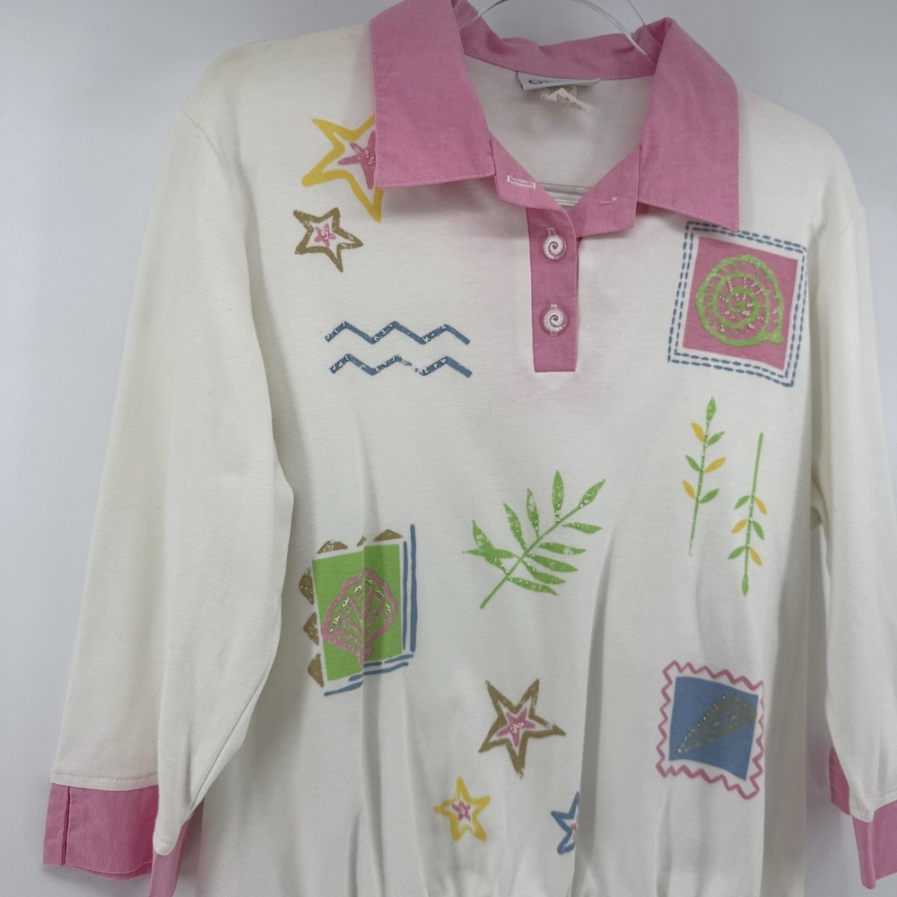 VTG 90s Beach Coastal Preppy White Pink Graff Collared Sweater Top Grandmacore - Picture 12 of 16